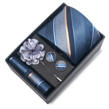 Top Grade Fashion 8 cm Wide Tie Sets Blue Stripe Men's Gravata Handkerchief Cufflink Box Fit Group Workplace Wedding Tie