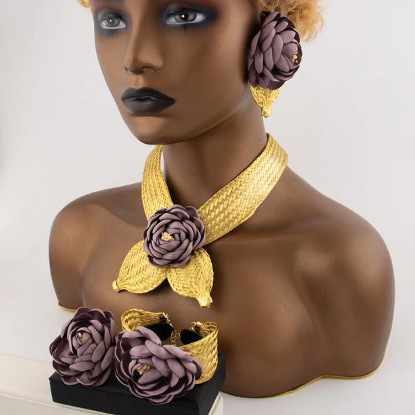Gold Plated Purple Big Flower Necklace Earrings Bracelet Ring Set  for Women Weddings Party Luxury Jewelry Set for Dubai Bridal