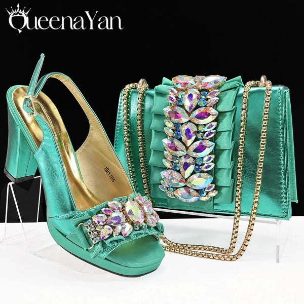 Queena Yan Spot goods 2025 INS Green Color Elegant Women Shoes and Bag Set Decoration Rhinestones Women High Heels Shoes
