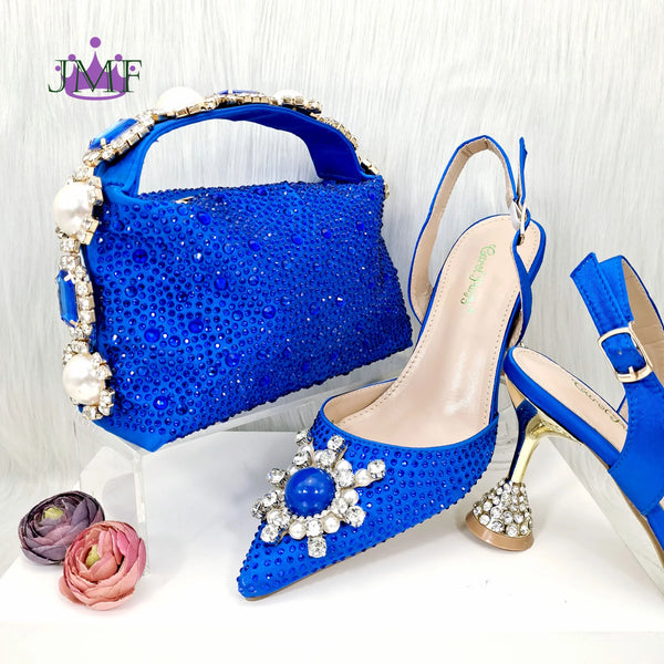JMF New arrive Italian Design Blue Women's Fashion Rhinestone Pearl Point Toe Stiletto Heels Sandals Women's Shoes & Bag Set