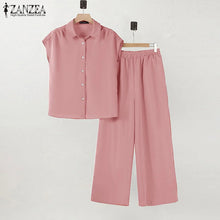 ZANZEA 2025 Summer Wide Leg Pants 2-Pieces Suits Elegant Commute Solid Causal Pant Sets Short Sleeve Shirt Women Trouser Outfits