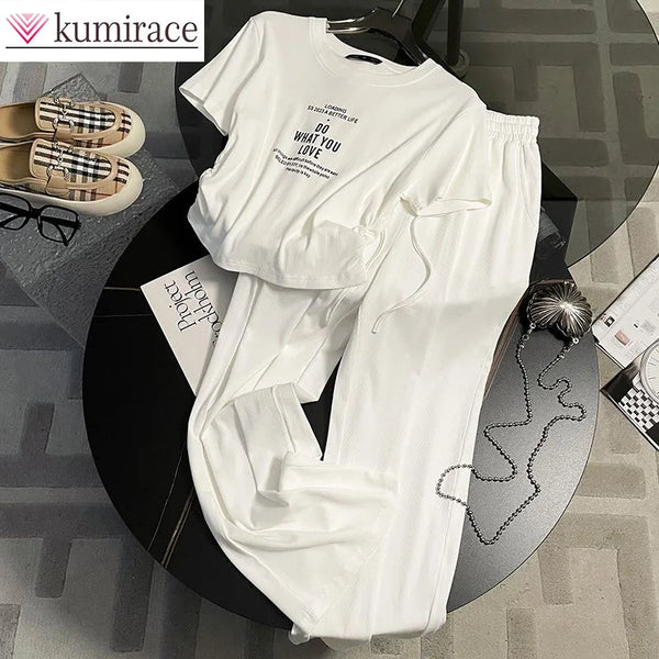 Fashion Sports and Leisure Suit for Women's Summer 2025 New Loose Short Sleeved Solid Color Popular Wide Leg Pants Two-piece Set