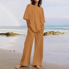 Fashion Women's 2-piece Set 2024 Summer Casual Loose Lace Up Pocket Set Half Sleeve O-Neck Top And Wide Leg Pants Set Outfits