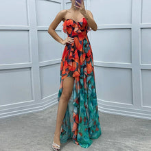 Women Sexy Strapless Ruffle Irregular Maxi Dress Spring Print Mesh Pleated Long Dress Summer Off Shoulder Backless Party Dresses