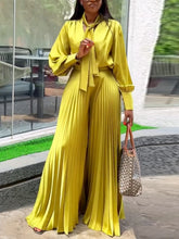 Two Piece Sets Women Outfits V Neck Lace Up Long Lantern Sleeve Tops Wide Leg Pleated Trousers Streetwear Party Causal Pant Sets