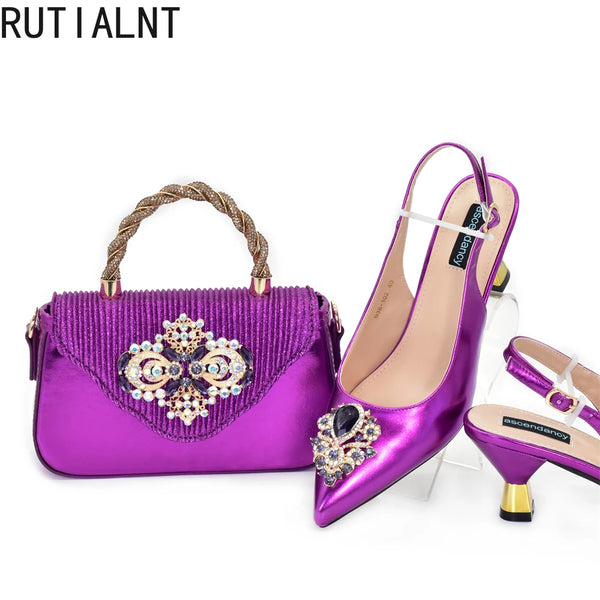 Fashion African Matching Shoes and Bags for Party Nigerian Women Nigerian Italian Shoes and Bags Set Decorated with Rhinestone