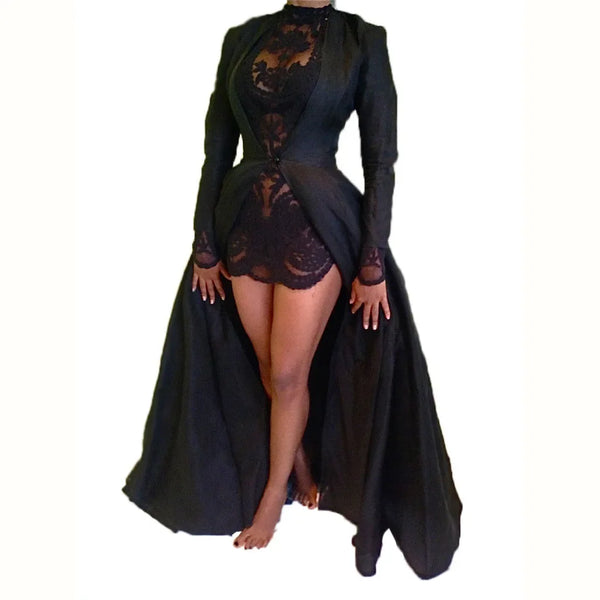Women Sexy Dress Two Piece Sets Lace Hollow Out Spliced Long Dresses Full Sleeve Tight Waist Gown Evening Vestidos Party Prom