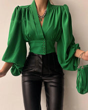 2024 Spring Satin Women's Blouse Red Long Lantern Sleeve Button V-neck Elegant Female Shirt Spring Fashion Vintage Ladies Top