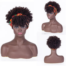 Short Kinky Curly Headband Wig Afro Puff Curly Headband Wig with Bangs for Women Natural Ombre Blonde Synthetic Turban Wrap Wig