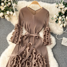 European Court Style Dress Miyake for Women A Design Sense Tassel V-neck Slim Fit Long High-temperature Pleated Flared Sleeve