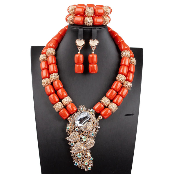 Fabulous Artificial Coral Wedding African Beads Jewelry  Luxury Bride Costume Statement Necklace Jewelry