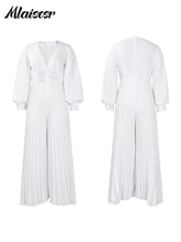 Mlaiscsr Elegant Evening Party Jumpsuit Long Sleeved Waist Pearl Bead Mesh Loose Wide Leg Pleated Long Dinner One Pieces Rompers