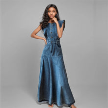 WTHT Fashion Women's Ruffled Edge Sleeveless Denim Long Dress 2024 Autumn O-neck Single Breasted Pleated Dresses Female 1LS125