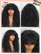 100% Human Hair Wigs with Bang Full Wig Brown Black Highlight Water Wave Machine Made Non Lace Wig with Fringe Bobbi Wig