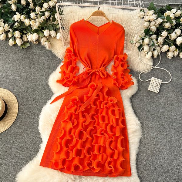 European Court Style Dress Miyake for Women A Design Sense Tassel V-neck Slim Fit Long High-temperature Pleated Flared Sleeve