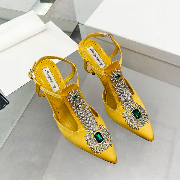Ladies Wedding Shoes Rhinestone Pointed Toe High Heels Satin Gemstone Stiletto Sandals 2022 New Baotou Fairy Pump Wedding Shoes