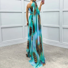 Women Spring Printed Floor Length Dress Elegant Flower Inclined Shoulder Hollow Evening Dress Fall High Waist Chiffon Long Dress