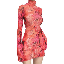 Top Selling Mesh Printed Round Neck Womens Dresses For Teens Plus Size Bell Sleeve Side Open Hip Dress Vestidos Para Mujer