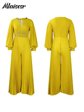 Mlaiscsr Elegant Evening Party Jumpsuit Long Sleeved Waist Pearl Bead Mesh Loose Wide Leg Pleated Long Dinner One Pieces Rompers