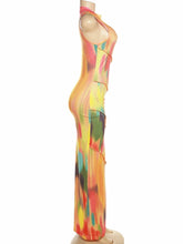 BWQ Colorful Tie-dye O-neck Maxi Dress Women Hipster Topstitch Patchwork Sleeveless Slim Robe Female Streetwear Vestido