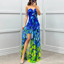 Women Sexy Strapless Ruffle Irregular Maxi Dress Spring Print Mesh Pleated Long Dress Summer Off Shoulder Backless Party Dresses