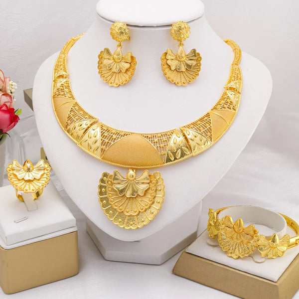 Dubai Fashion 24k Gold Plated Necklace Earrings Ring Bracelet Jewelry Sets for Women Wedding African Indian Jewellery