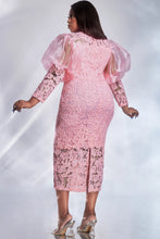 Women Plus Size Formal Dress Pink Lace Puff Sleeve See-Through Midi Dress Elegant Sweet Wedding Guest Cocktail Bodycon Dresses