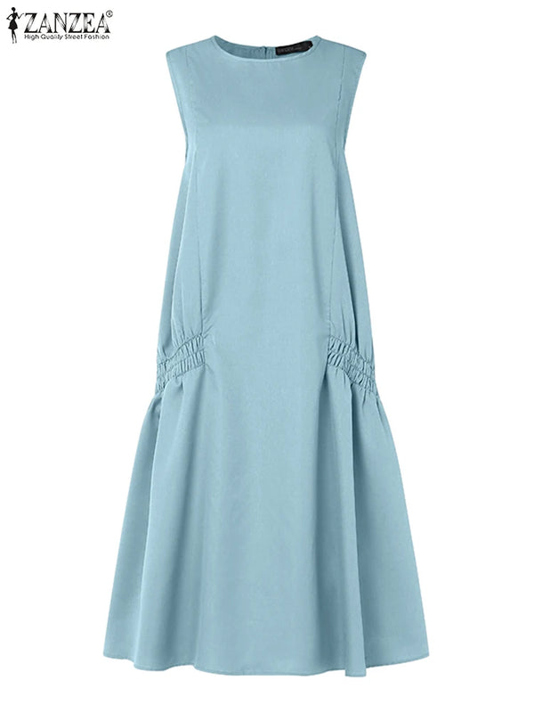 ZANZEA Summer Women's A-line Midi Dresses Casual O-Neck Shirring Pleated Tank Vestidos 2025 Fashion Holiday Solid Robes Femme