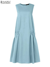 ZANZEA Summer Women's A-line Midi Dresses Casual O-Neck Shirring Pleated Tank Vestidos 2025 Fashion Holiday Solid Robes Femme