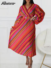 Mlaiscsr Elegant Striped Printed V Neck Long Sleeve High Waisted Pleated Mid Dresses Women Boho Beach Party Evening Vestidos New