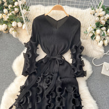 European Court Style Dress Miyake for Women A Design Sense Tassel V-neck Slim Fit Long High-temperature Pleated Flared Sleeve