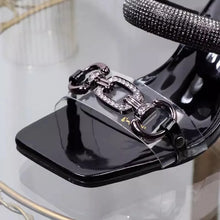 Womens Slippers with Middle Heel Open Toes Anti Slip Rhinestones Chain Buckle 2025 New Summer Outdoor PU Fashion Slippers