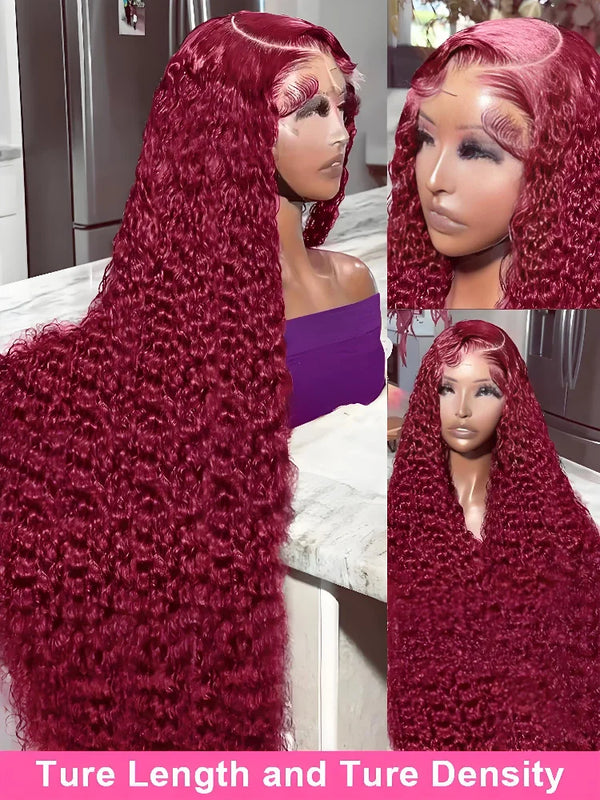30 36 Inch 250% 13x4 HD Lace Frontal Wig Kinky Curly 99J Burgund Red Wine Brazilian Water Wave Hd Lace Human Hair Wigs Glueless