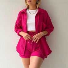 Women's Short Sets 2 Pcs Sale Grass Green Loose Button Cardigan Blouse Coats & Drawstring Wide Leg Loose Short Pant Suits