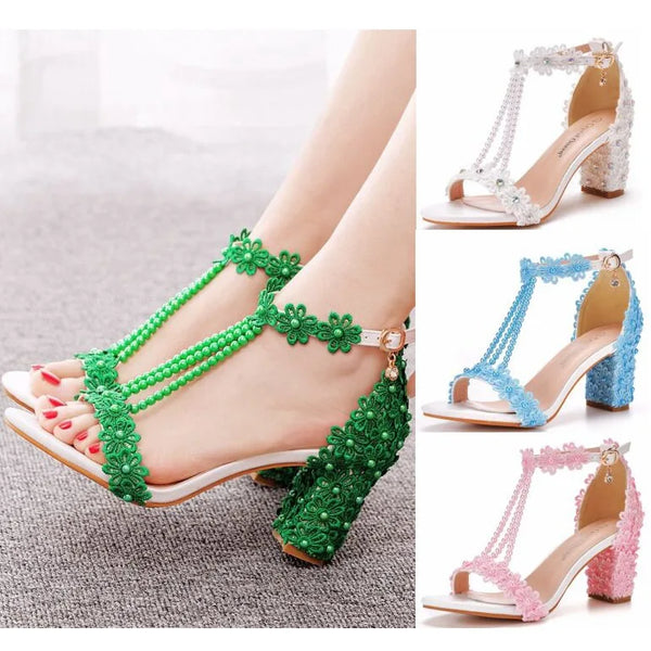 Plus Size 34-43 Shoes for Women Summer Lace Flower Sandals Peep Toe Fashion String Bead High Heel Party Wedding Evening Shoes