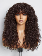 100% Human Hair Wigs with Bang Full Wig Brown Black Highlight Water Wave Machine Made Non Lace Wig with Fringe Bobbi Wig