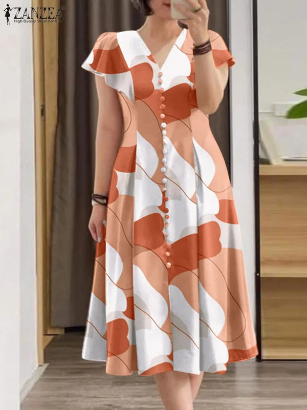 ZANZEA Summer Fashion Women's Printed Dress Short Sleeve V-Neck Robe Casual Holiday Sundress Elegant Fitted Wiast Vestidos 2025