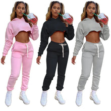 Women's Fitness Running Sets Fleece Long Sleeve Cropped Hoodies+Jogger Tracksuit