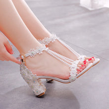 Plus Size 34-43 Shoes for Women Summer Lace Flower Sandals Peep Toe Fashion String Bead High Heel Party Wedding Evening Shoes