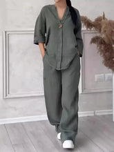 Cotton Linen Sets Two 2 Pieces Sale Casual Long Sleeve Button Loose Blouse Shirt&High Elastic Wide Leg Loose Pant Suits NMD-3021