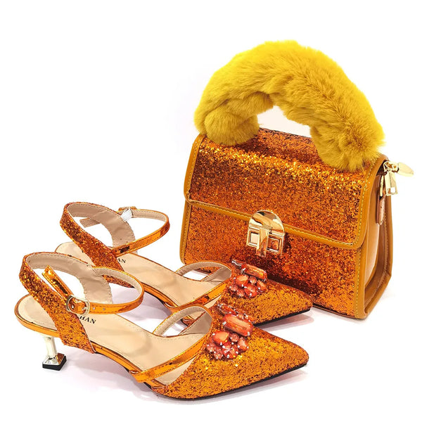 Women's Italian Fashion Peep Toe Pump Shoes with Matching Bag Set for Wedding And Party Med Heel Bling Embellished Mary Janes