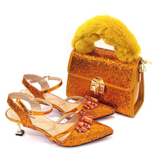 Women's Italian Fashion Peep Toe Pump Shoes with Matching Bag Set for Wedding And Party Med Heel Bling Embellished Mary Janes