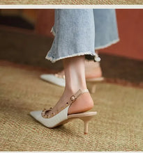 Women Sandals Rivets Pointed Toe Slingbacks Patent Leather Mid Heels Pumps Blue Snakeskin Pattern Slip on Sandalias Mujer