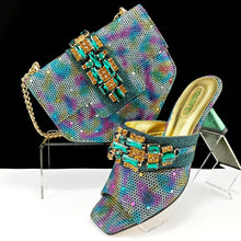 QSGFC Italian Fashion Square toe Women Strange Heels Bigger size Fashion Rhinestone Decoration Brown Shoes And Bag set Party bag