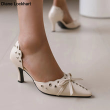 Summer Women Rivet Air Holes High Heel Sandals Commuter Design Pumps Cute Bow Heels Lady Fetish Sweet Wedding Pointy Shoes