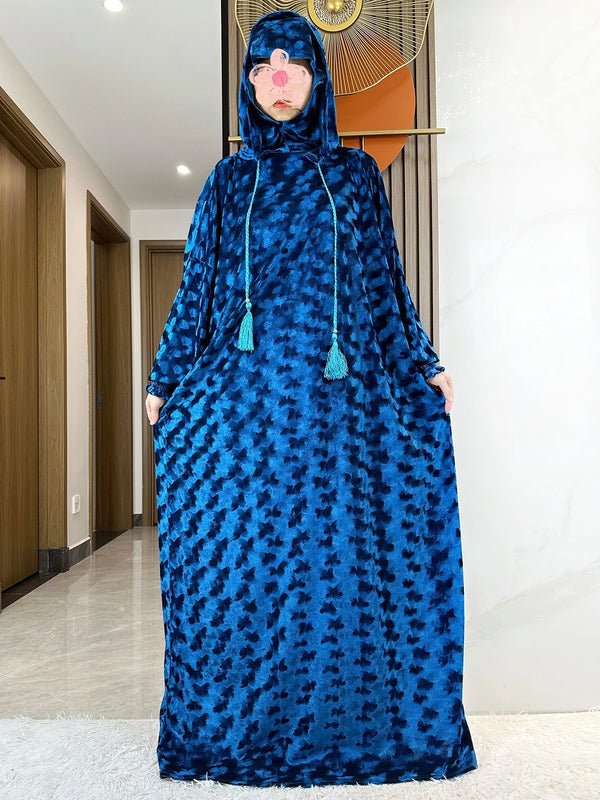 High Quality Velvet Fabric 2025 Ramadan Muslim Lady's Abaya Two-Hats Dubai Turkey Style Islamic Prayer Clothing Kaftan Dress