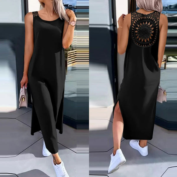 Sexy Backless Sleeveless Solid Midi Dress Women 2024 Summer Casual White Lace Long Dresses For Women Robe Femme