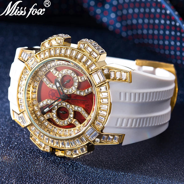 MISSFOX New Red Quartz Watch For Men Luxury Hip Hop Streetwear Clock Waterproof watches AAA Quartz Men's Wristwatches