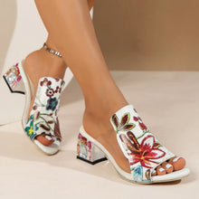 Women Slippers Floral Print Genuine Leather Mesh Patchwork Outdoor Slippers 2024  New Summer Sandals High Heel Elegant Slides