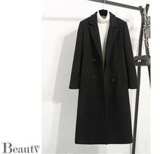 Women's Winter Classic Black Woolen Mid-Length Woolen Blend Overcoat